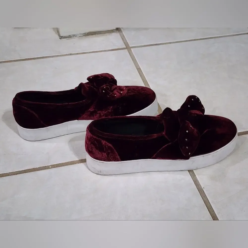 Rebecca Minkoff Burgundy Velvet Rhinestone Bow Platform Slip On Sneakers‎ 7.5